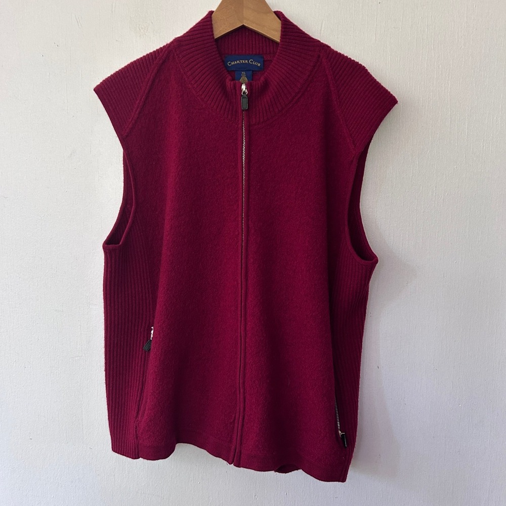 Charter Club Mens XL Burgundy Red 100% Pure New Wool Full Zip Sweater Vest Mock